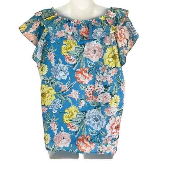 Loft Floral Flutter Sleeve Ruffle Neckline Petite Garden Ruffle Shell Top - Picture 6 of 10